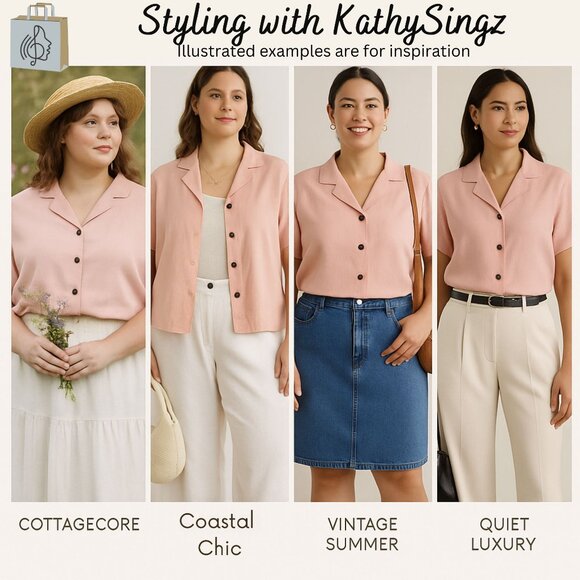 Y2K Orvis Pink Linen Short Sleeve Blouse Size 16P Button Front Shirt Retro - Picture 2 of 9